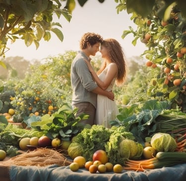 happy vegan couple in a beautiful garden