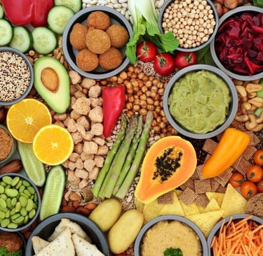 vegan food on table. fruits, vegetables, legumes, nuts
