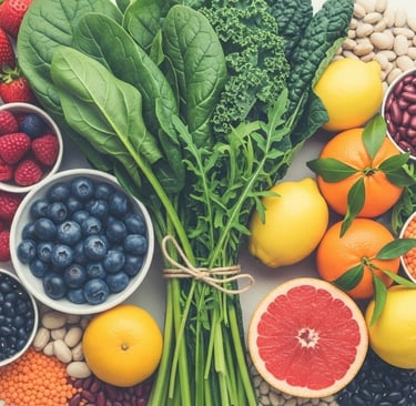 Flat-lay of foods for vein health: colorful berries, leafy greens, citrus fruits, and beans.