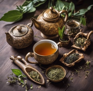 a teapot with tea and teapots on a table