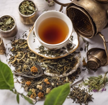 a tea cup with a teapot, tea cups, tea leaves