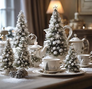 a table with a teapot and christmas trees