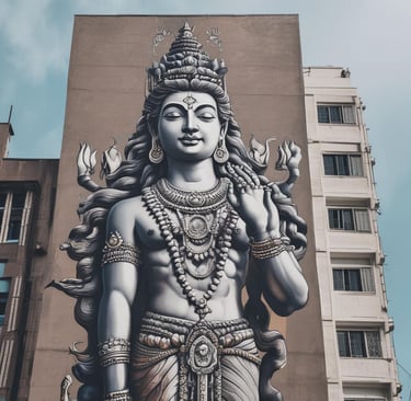 lord shiva painted on the side of a modern building 