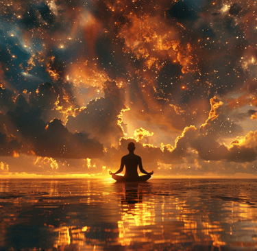 man meditating outside during the bright sunset sky 