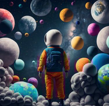 a astronaut in a space suit with planets and planets