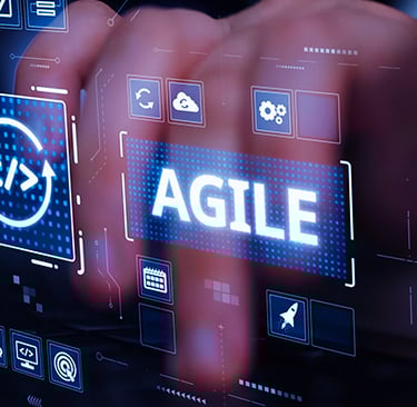 A person using a futuristic interface to manage agile software development projects and coding workflows.