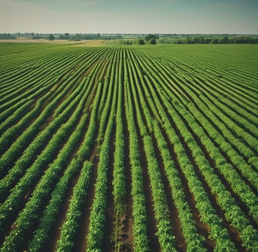 A large agricultural field with rows of green crops planted in neat lines, surrounded by trees in the distance. The landscape appears lush and well-maintained.