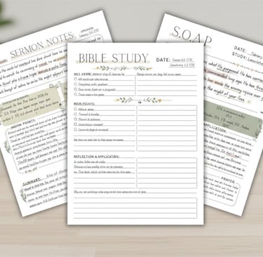 Printable Bible study templates and sermon notes pages with handwritten text on a desk.