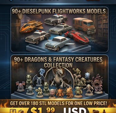 Collection of 3D printable dieselpunk flightworks vehicles and fantasy dragon STL models for tabletop gaming.