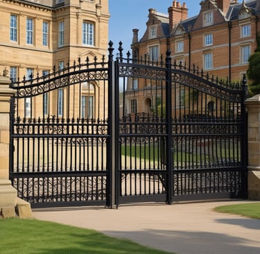 A close-up of a metal gate with intricate designs against a blurred background.