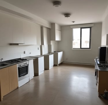 A clean, bright room with sunlight streaming through the windows.