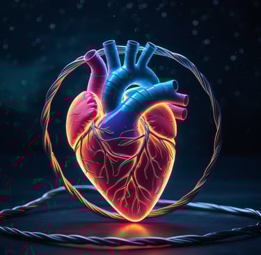 A glowing physical heart surrounded by metal wire