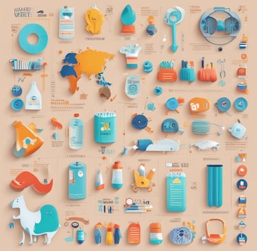 An abstract, pastel-colored, 3D-rendered representation of data analysis and search engine optimization (SEO). The image features a computer interface with various analytics symbols, including a magnifying glass, bar charts, pie charts, and a search bar with the text 'SEO'. Surrounding the interface are different objects such as a potted plant, a cup with a saucer, and a megaphone, all placed on a light green background.