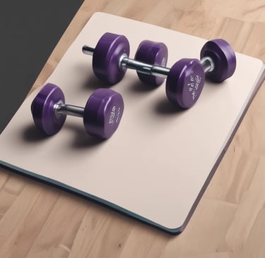 Yoga mat, weights, and a towel ready for a workout.