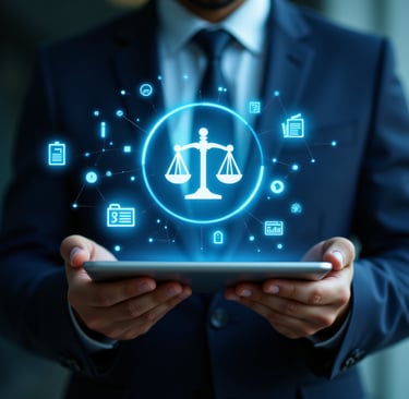 Geschäftsmann mit virtueller Waage als Symbol meine juristische Kompetenz