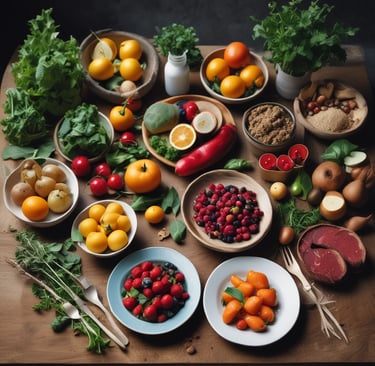 a table with bowls of fruit and vegetables