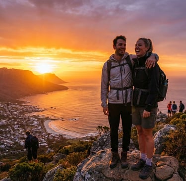Happy couple on the sunset hike