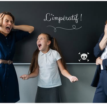 un tableau avec écrit l'impératif. Trois personnes crient