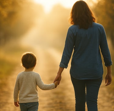 une maman tient la main de son fils. Ils sont de dos.