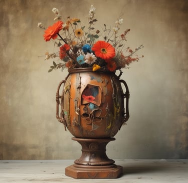 Hanging old kettle with fuzzy cactus plants