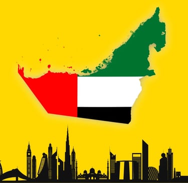 Map of UAE with national flag colors and Dubai skyline silhouette – SignageBoard.ae