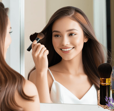 an image of a lady apply dry shampoo powder to her hair using a kabuki brush 