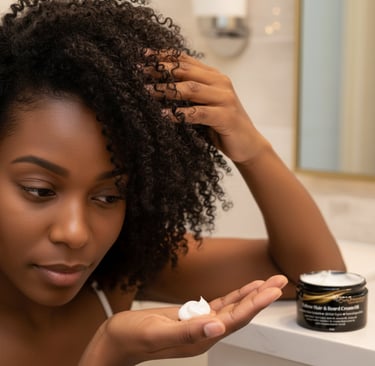 black lady putting back2naturalness hair growth cream on hair 