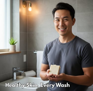 a man holding a beef tallow soap bar in a bathroom
