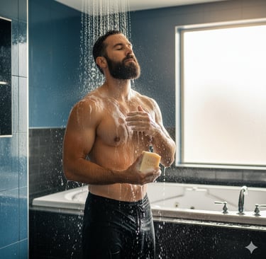 a man in a bathtub with a shower head
