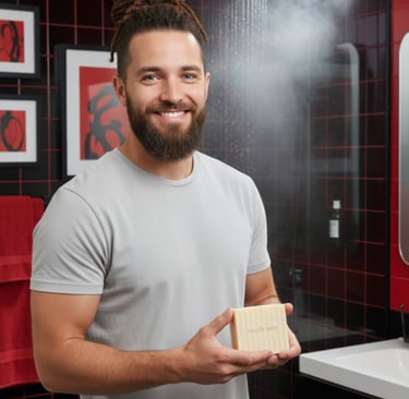a man with a beard holding a bar of castile soap bar