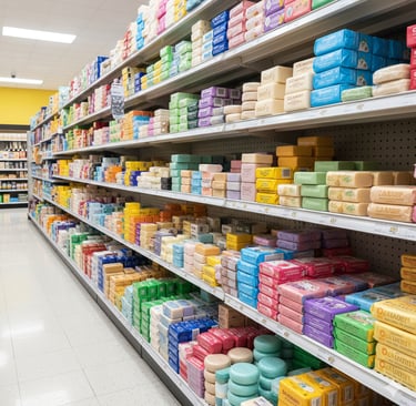 a store shelf with soap bars and soap bars