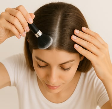 A lady dusting dry shampoo on her hair using a kabuki brush 