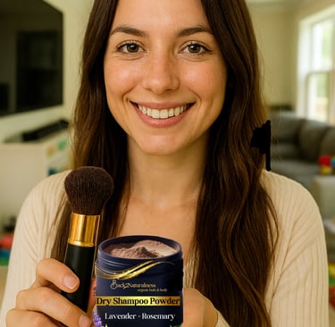 lady holding back2naturalness dry shampoo powder in hand and kabuki brush in other hand 