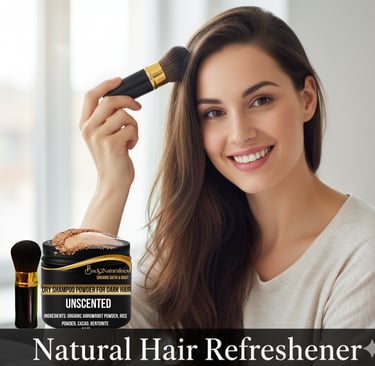 a lady apply Back2naturalness dry shampoo  powder to hair 