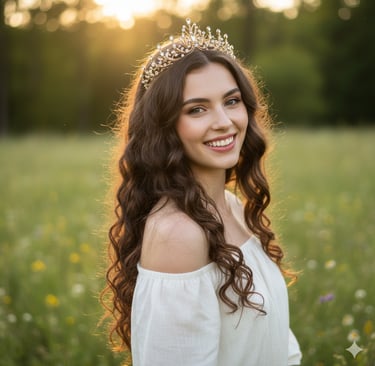 a white woman smiiling at the camera with a crown on her head