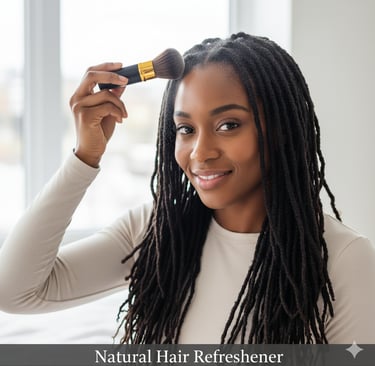 a BLACK WOMAN USING BACK2NATURALNESS DRY SHAMPOO POWDER TO REFRESH HER LOCS 