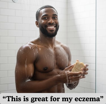 a man in a shower with an oats, milk and honey soap bar in the shower