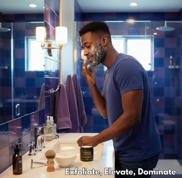 a man shaving his face in a bathroom using Back2naturalness sugar scrub to exfoliate his skin first.