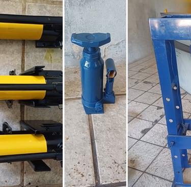 Um macaco hidráulico, uma presa e três cilindros