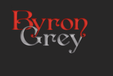 Byron Grey brand logo featuring red and silver serif typography on a black background.