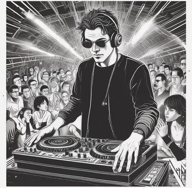 a dj spinning around a dj booth at a party