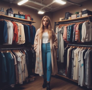 a woman standing in a closet with clothes on