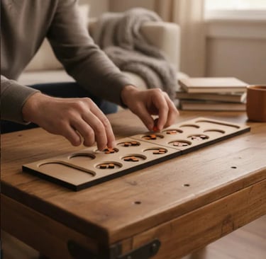 Jogo de tabuleiro africano Mancala com sementes em madeira