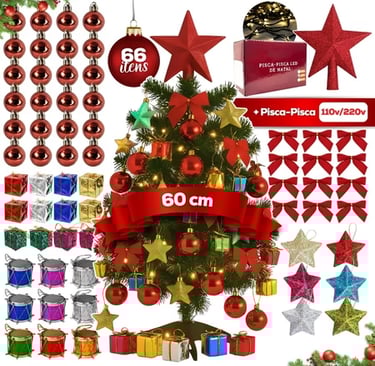 Árvore de Natal pequena com decoração completa e estrela no topo