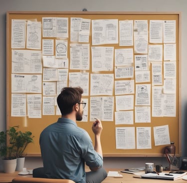 A woman with long hair is writing on a whiteboard. She is using sticky notes and markers to organize and plan a strategy. The board has various handwritten notes and symbols related to marketing and digital education.