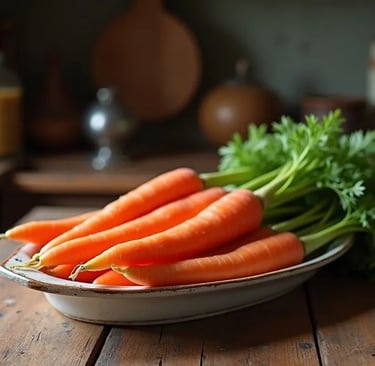 Des carottes dans un plat, posé sur une table en bois usée, dans une vieille cuisine