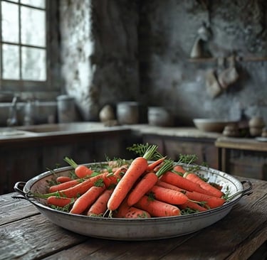 Des carottes dans un plat, posé sur une table en bois, dans une cuisine ancienne.