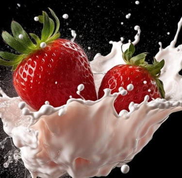 Deux fraises fraîches plongeant dans un splash de lait sur fond noir