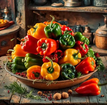 Plateau de Poivrons Multicolores dans une Cuisine Campagnarde
