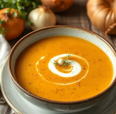 Un grand bol de soupe au potimarron posé sur une table en bois.